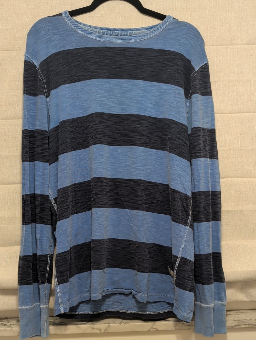American Eagle Outfitters Men's Blue and Navy Striped Long-Sleeve Shirt